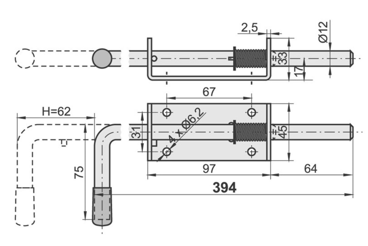Zástrč brány s pružinou, Zn, L400mm