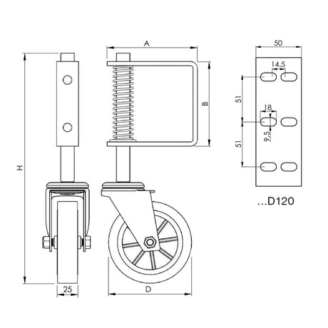 Spodné koliesko pre krídlové brány, s pružinou