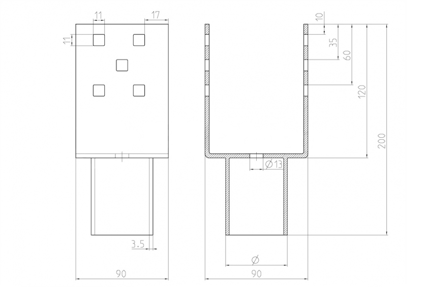 Nadstavec na zemnú skrutku Zn „U“ 90x90x120x52mm
