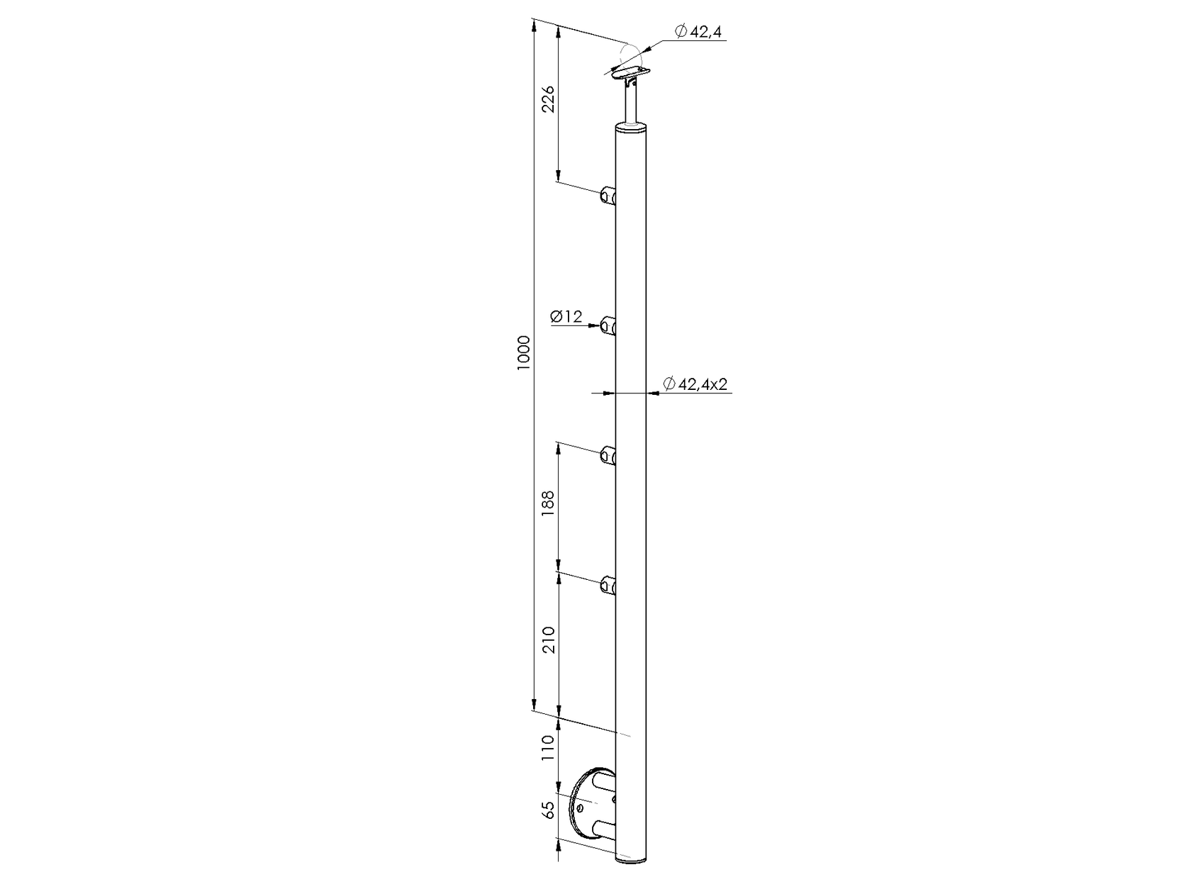 Stĺpik, bočné kotvenie - na schody AISI304, D42,4x