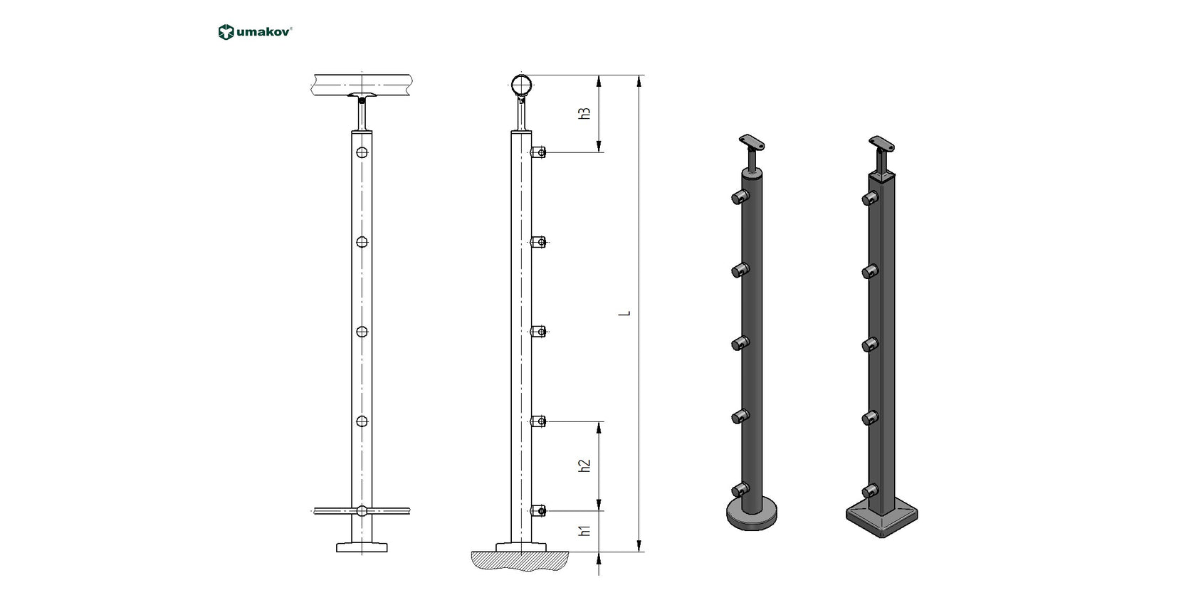 nerezový stĺpik, VK-rovné AISI304, D42,4/5xd12/H11