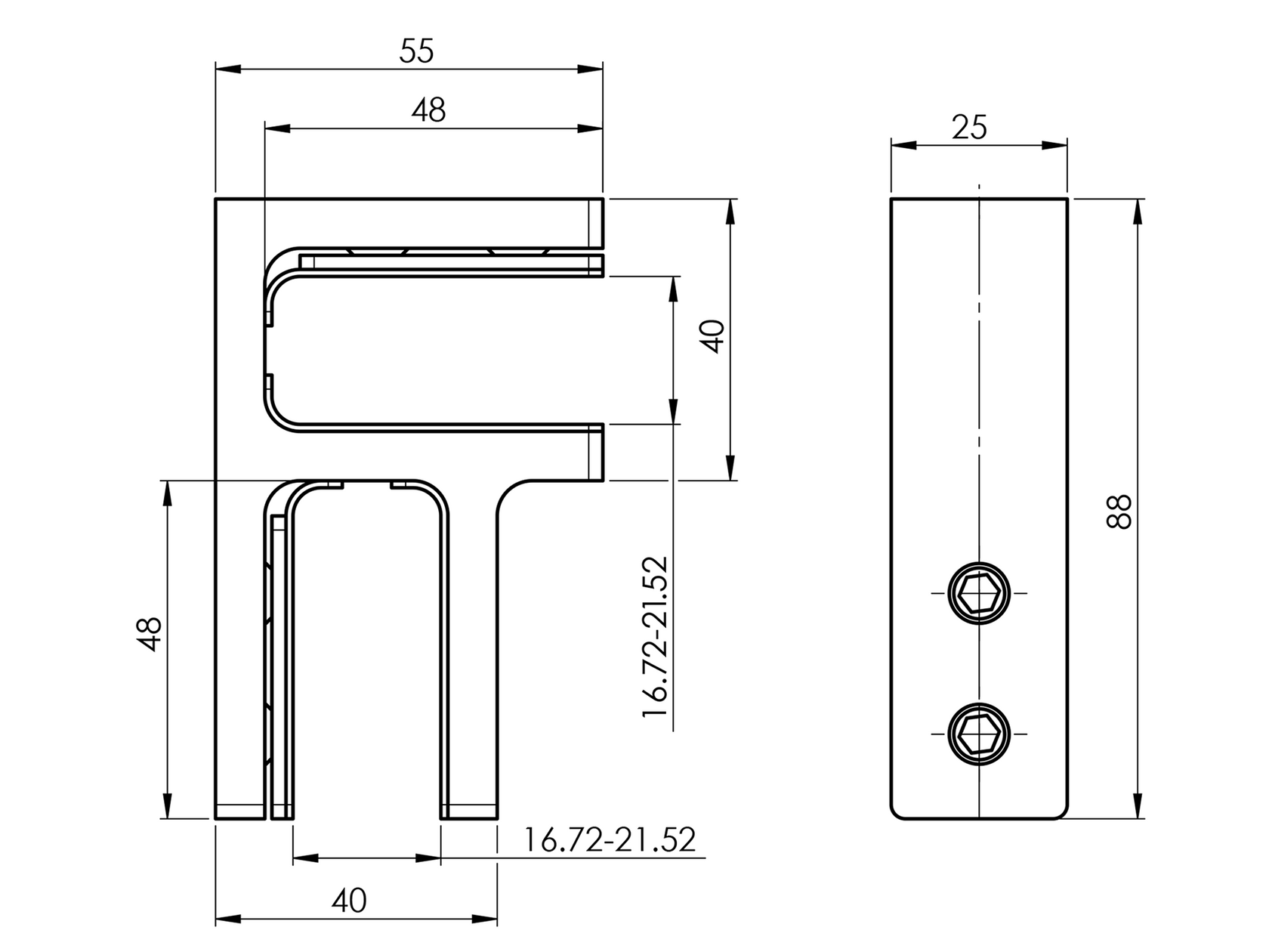 Držiak skla - sklo/sklo - 90°