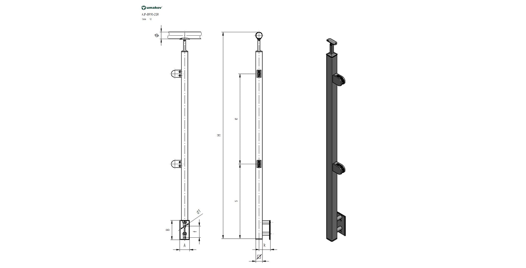 Stĺpik, bočné kotvenie - pravý AISI304, 40x40x2/2x
