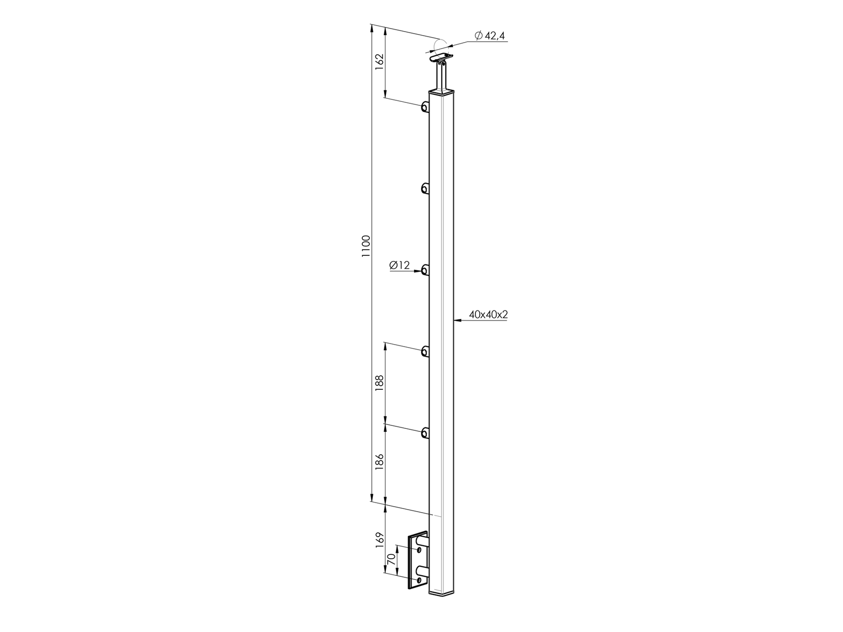 Stpik, bočné kotvenie - na schody AISI304, 40x40x2