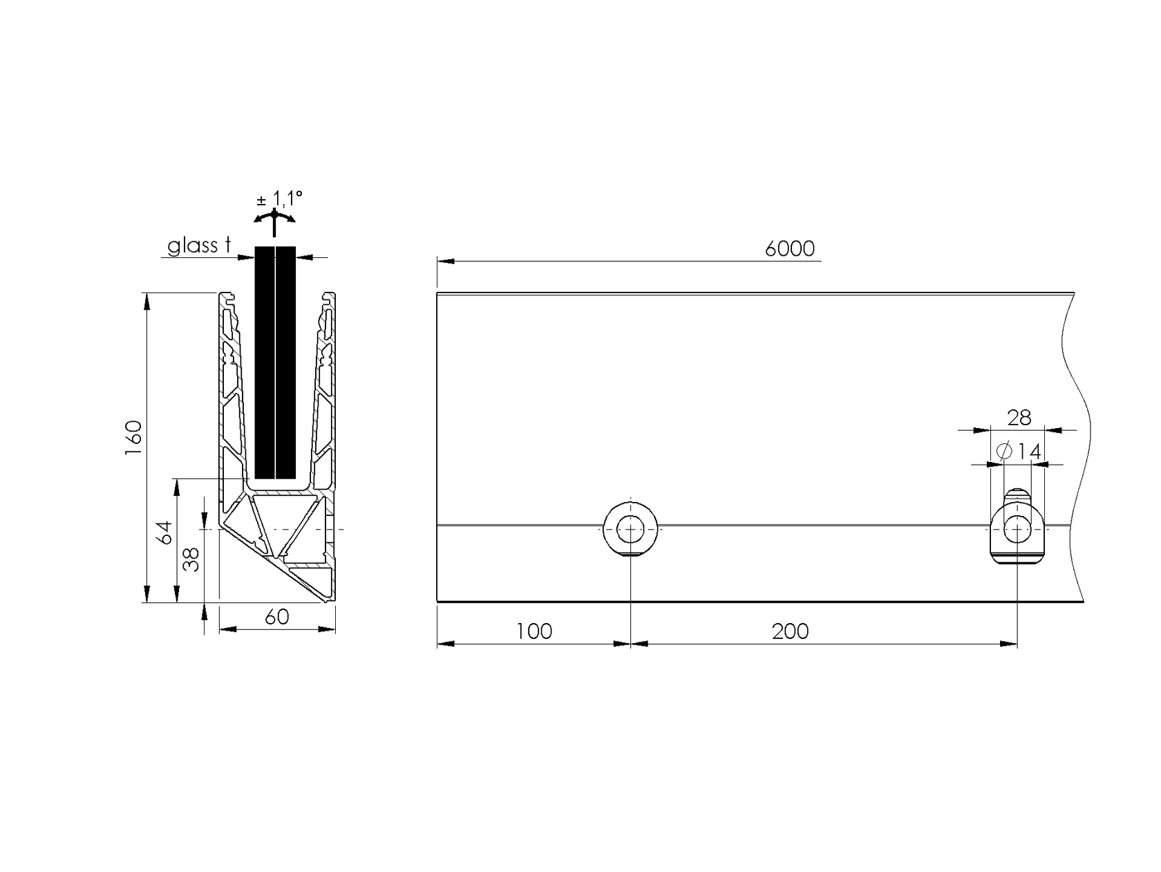 Celosklenené zábradlie-profil dutý-bočné kotvenie