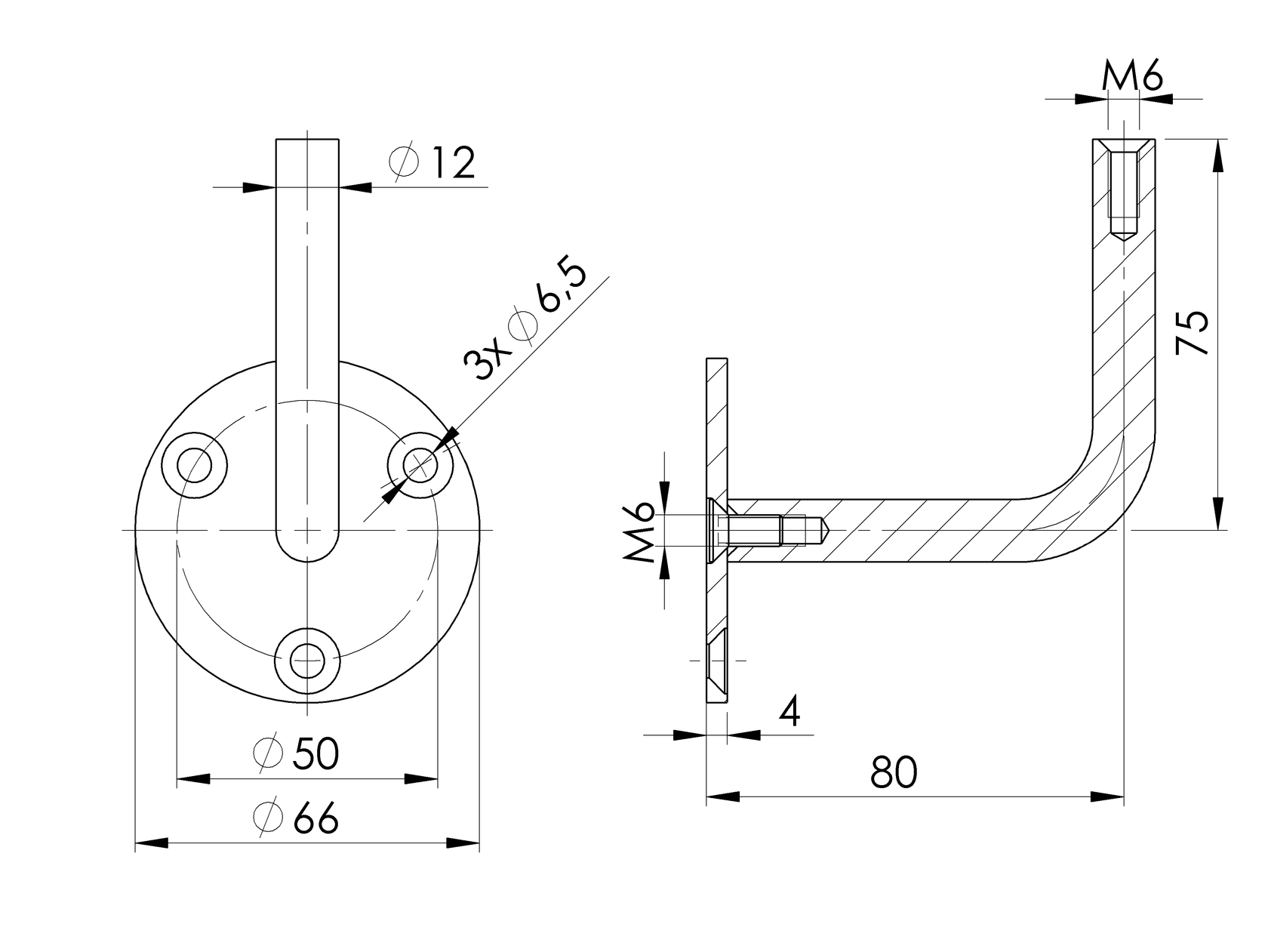 Držiak madla na stenu bez vaničky