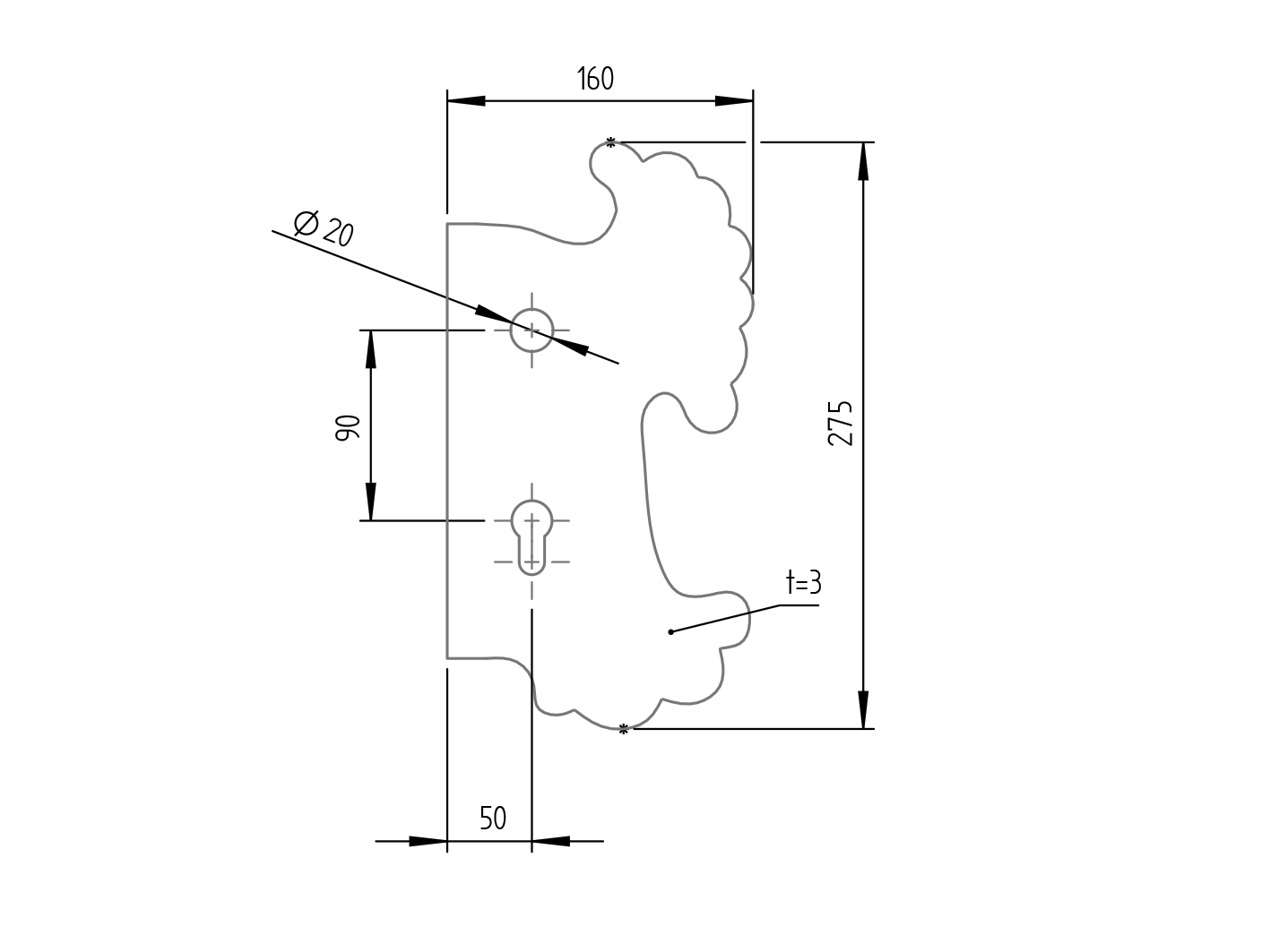 Štítok bránový zdobený P 275x160, t3, C90, D22mm