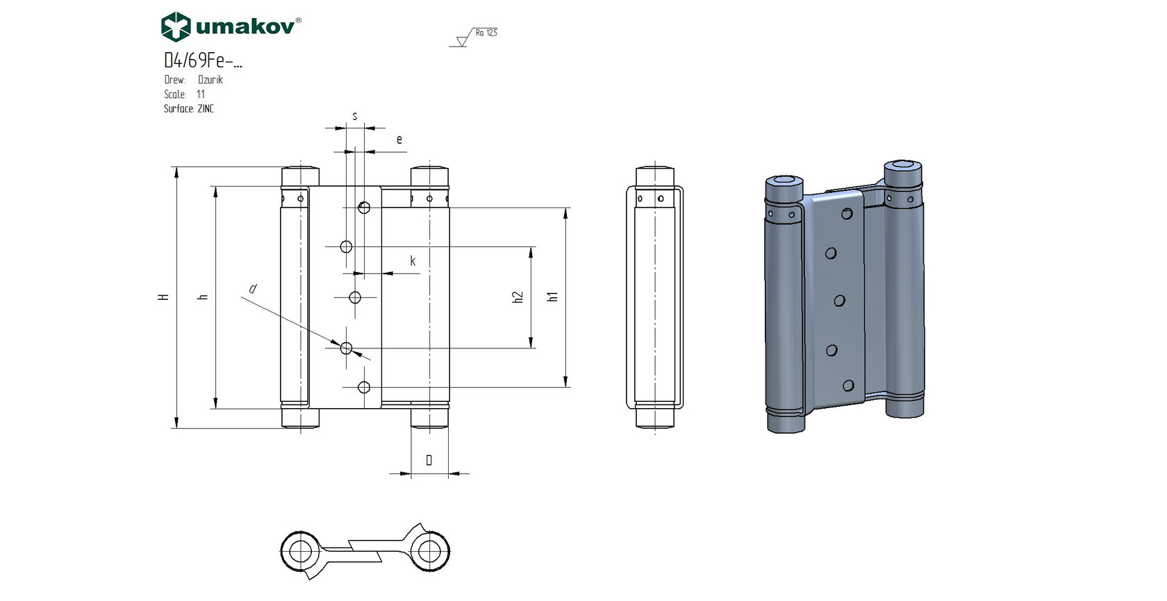 Záves pružinový obojstranný, Fe, L=125mm
