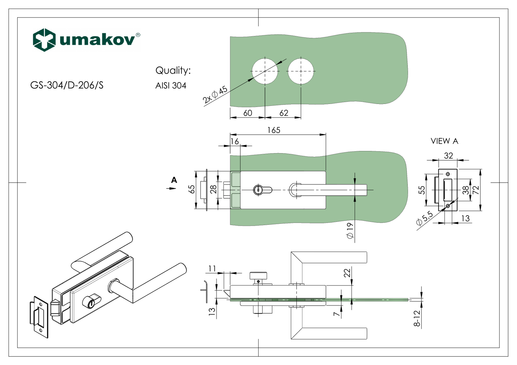 Zámka pre sklenené dvere BLACK PZ + zámok PZ