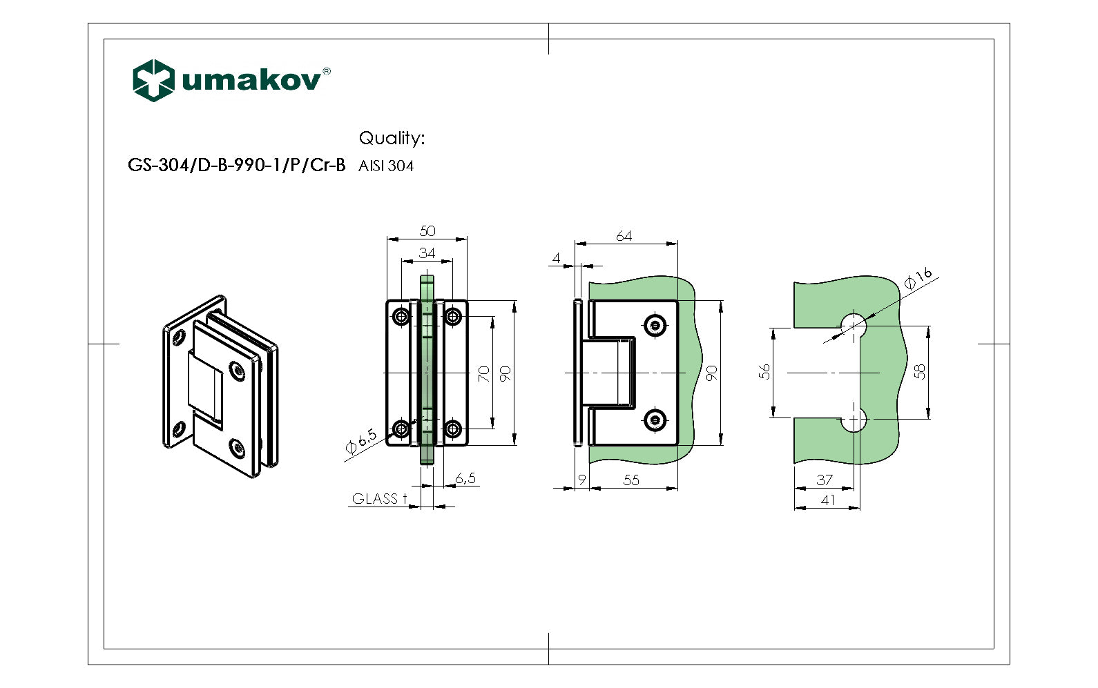 Záves pre sklenené dvere +/- 90stup. AISI304