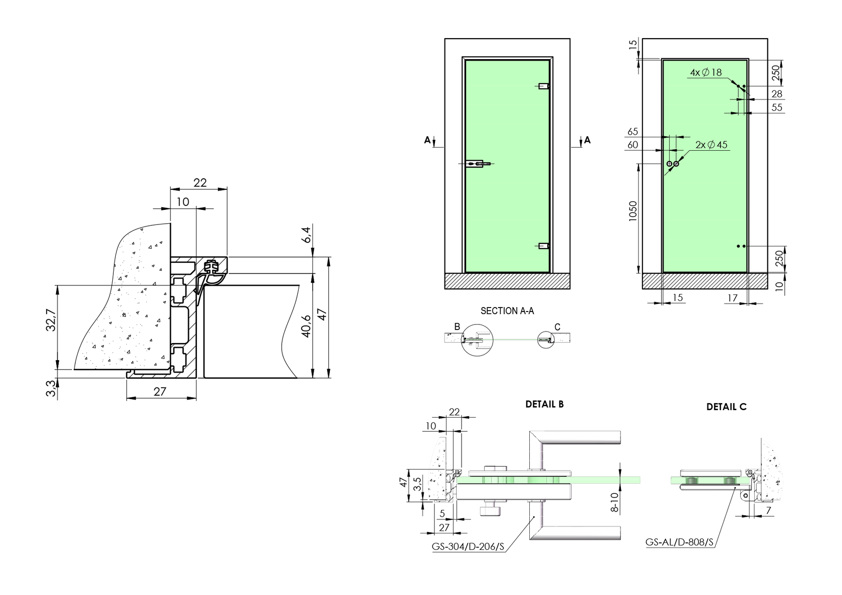 Zárubňový profil pre sklenené dvere "Z"