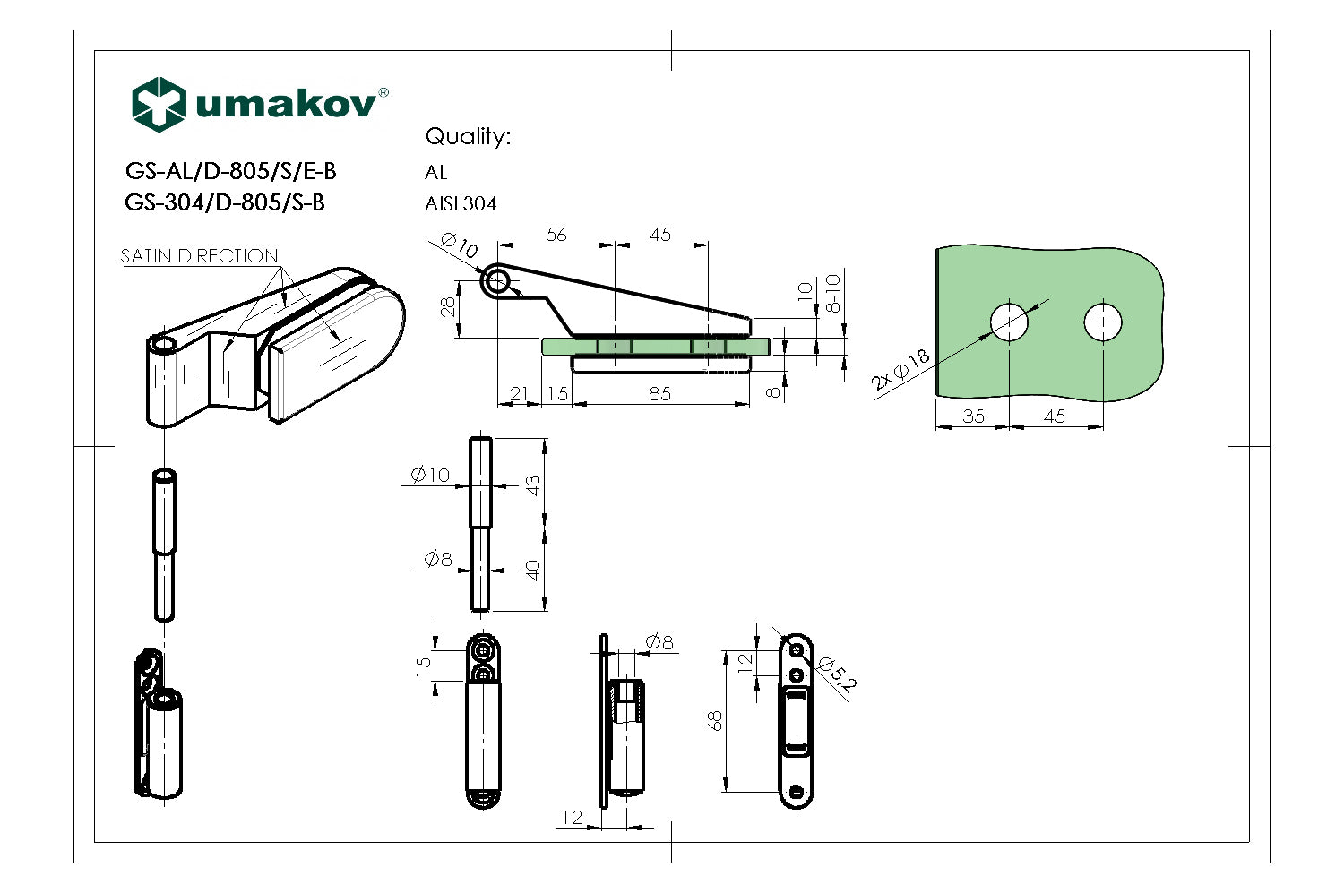 Záves pre sklenené dvere hliník, studio t 8,10mm
