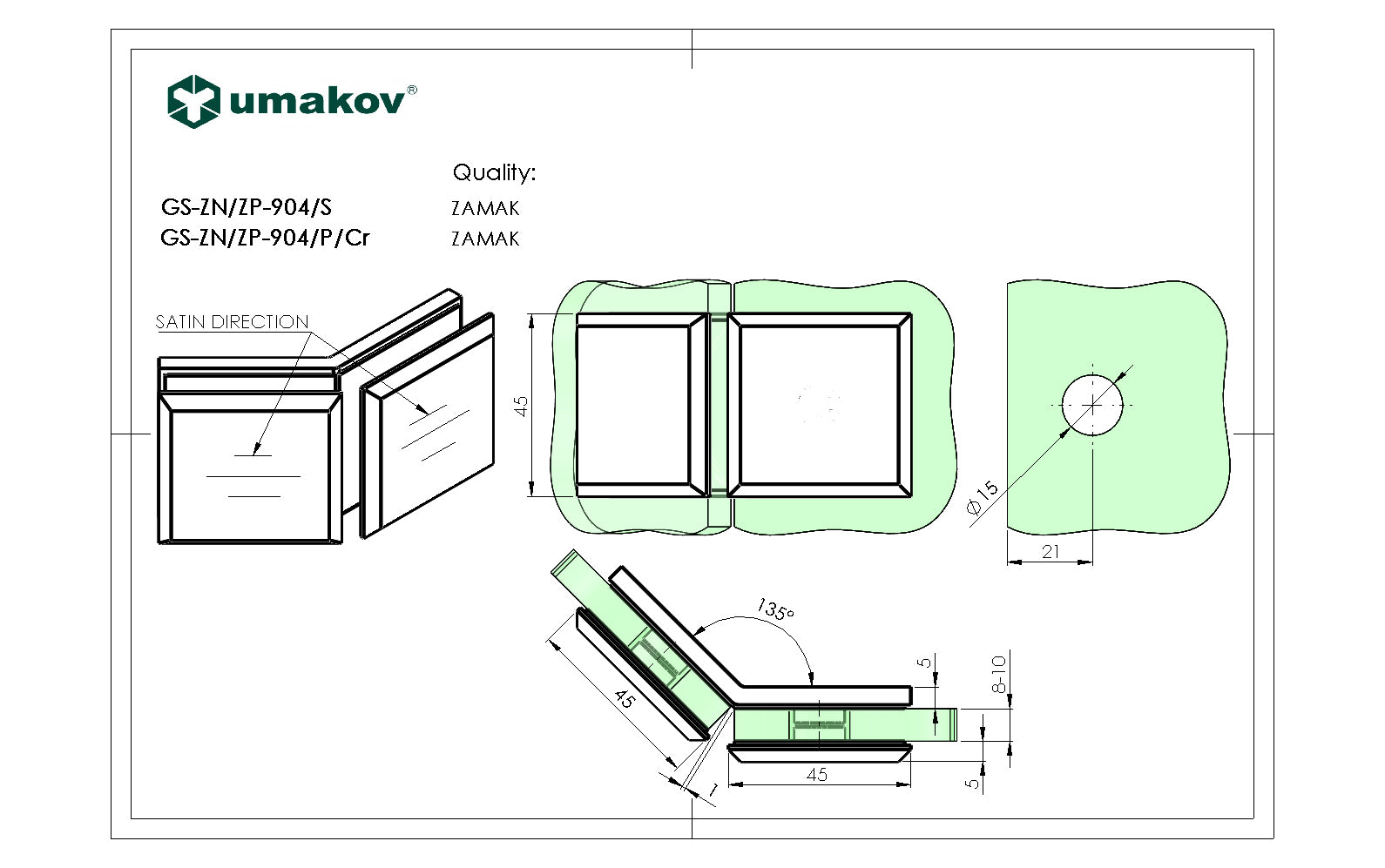 Zasklenie pevne - spojka skla 135° Zamak,T 8-10 mm