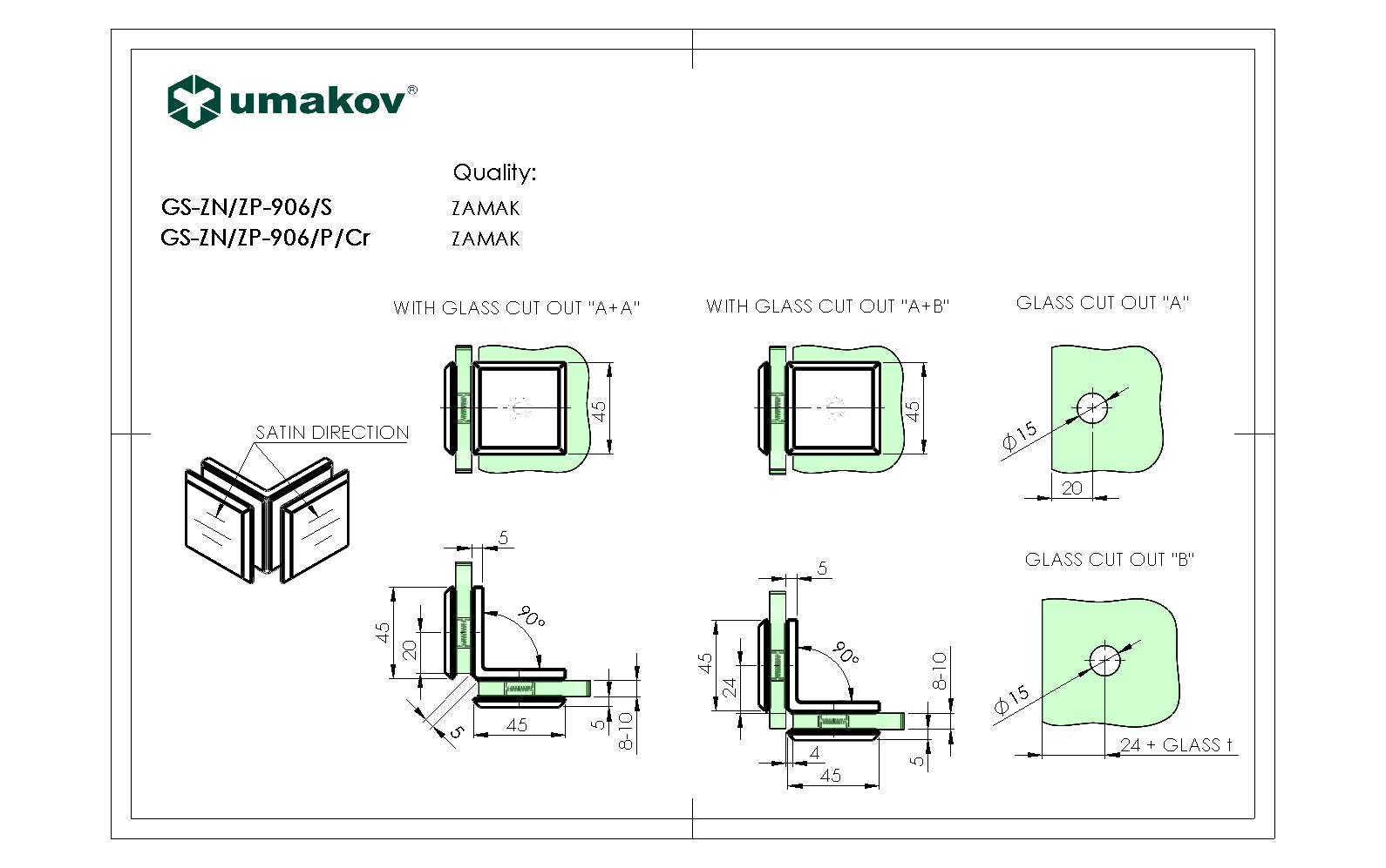 Zasklenie pevne - spojka skla 90° Zamak,T 8-10 mm