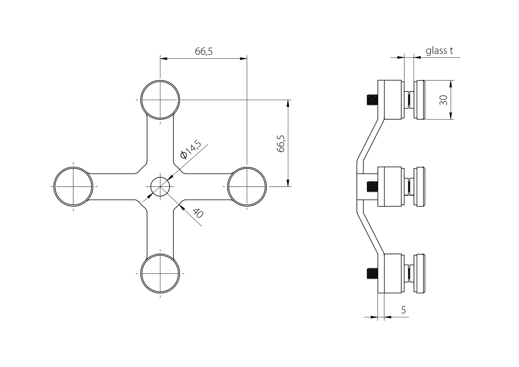 Zasklenie pevné - spider 04 AISI304, 4xD30mm/90°