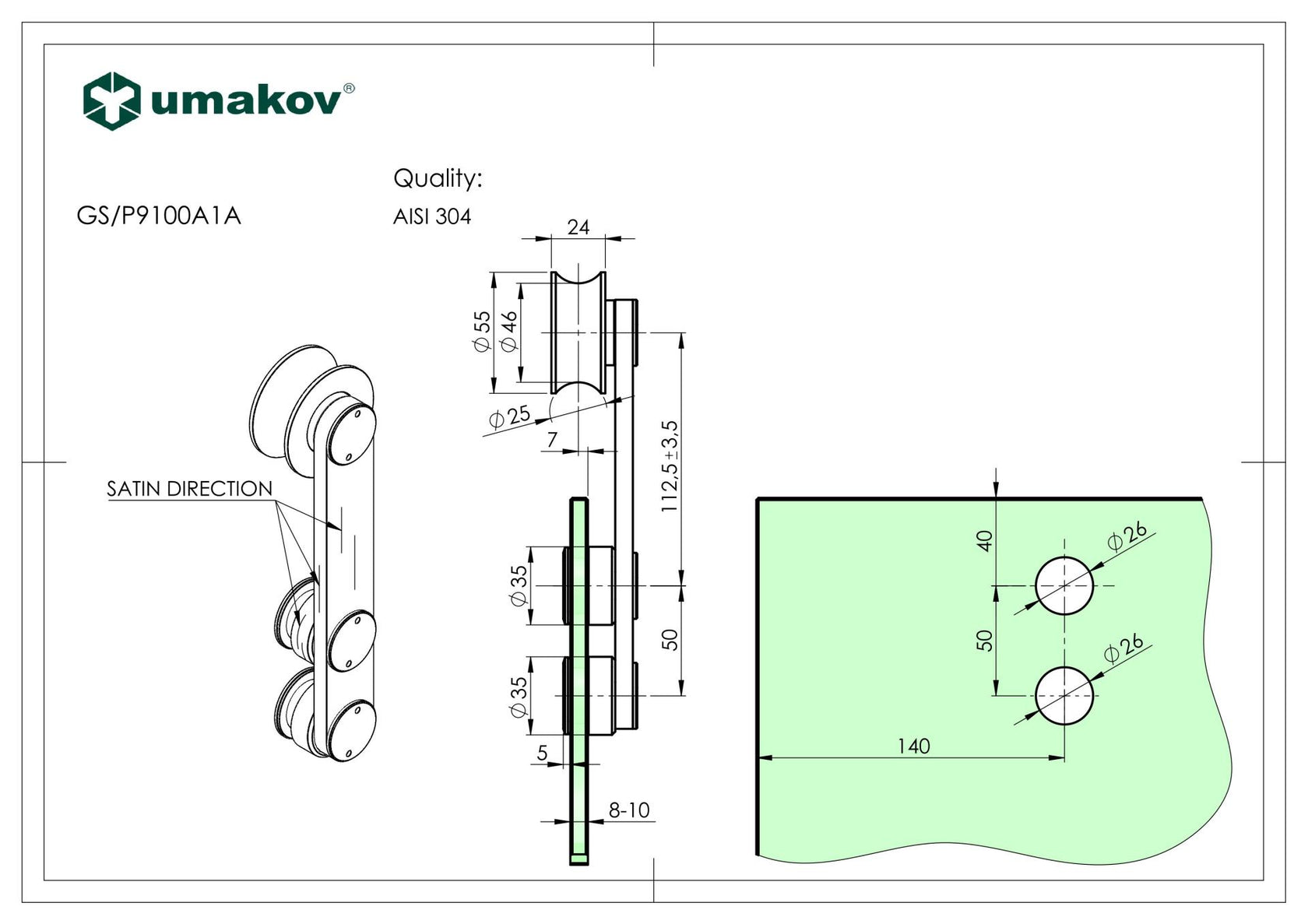 Posuv - pojazdová kladka AISI304, glass t 8,10,12m