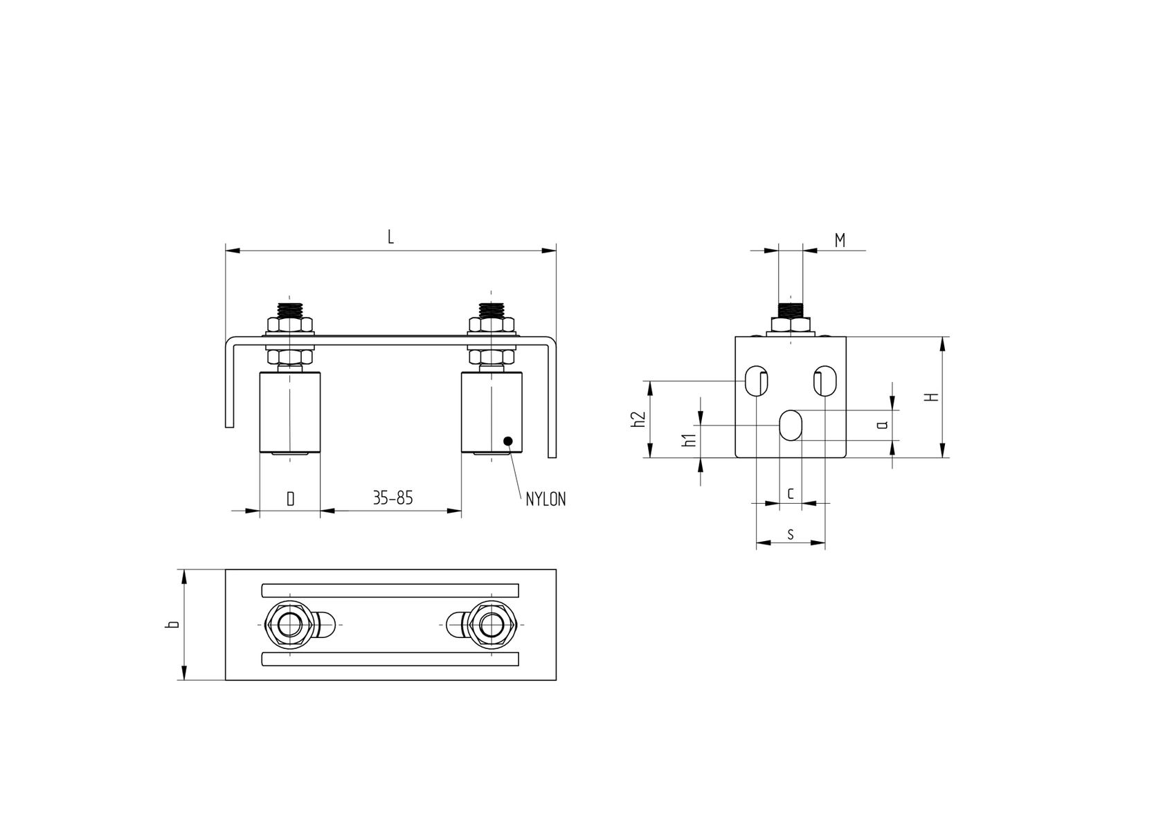 Vedenie horné 2 rolky, INOX, 165x57mm, D30