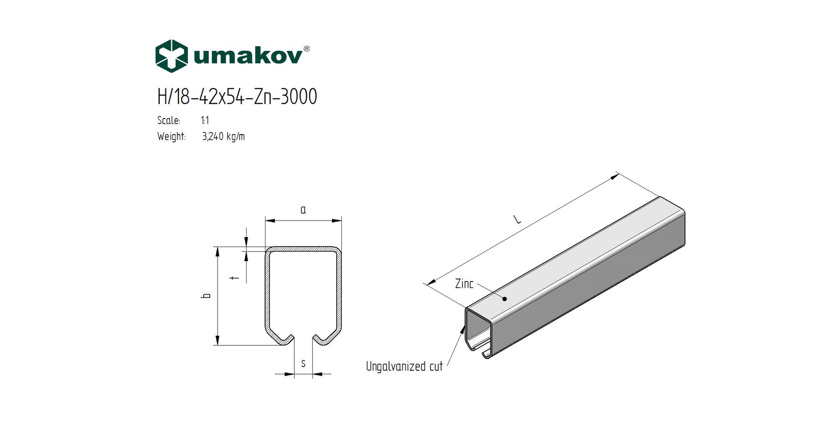 Profil vodiaci závesný Zn, 42x54x2,5mm, L3m