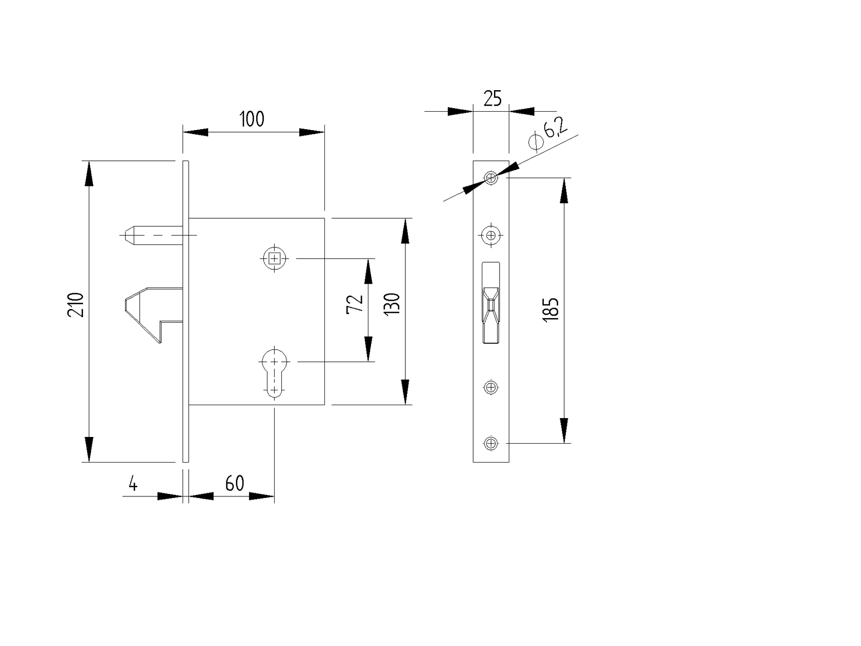 Zámok pre posuvnú bránu s protikusom 72x60mm