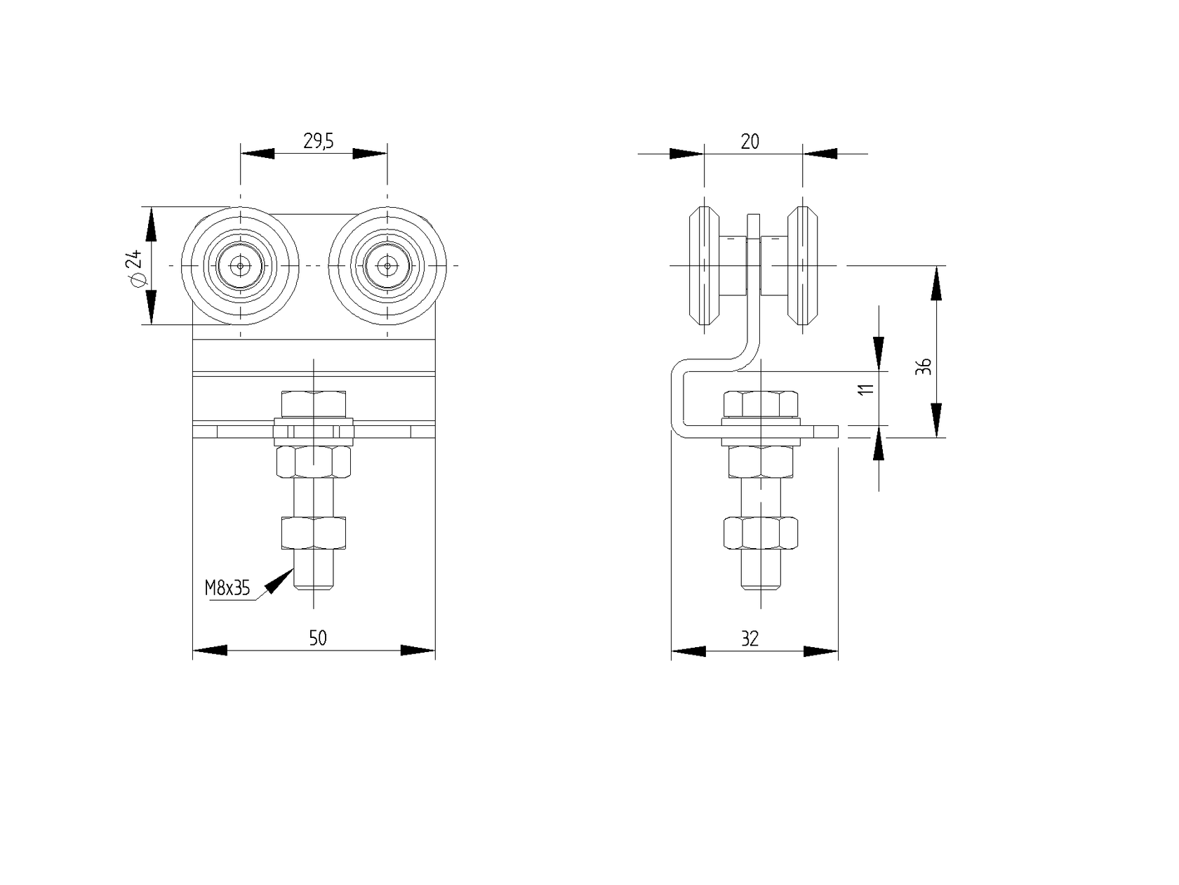 Štvorkoliesko závesné NYLON, profile 33x34mm