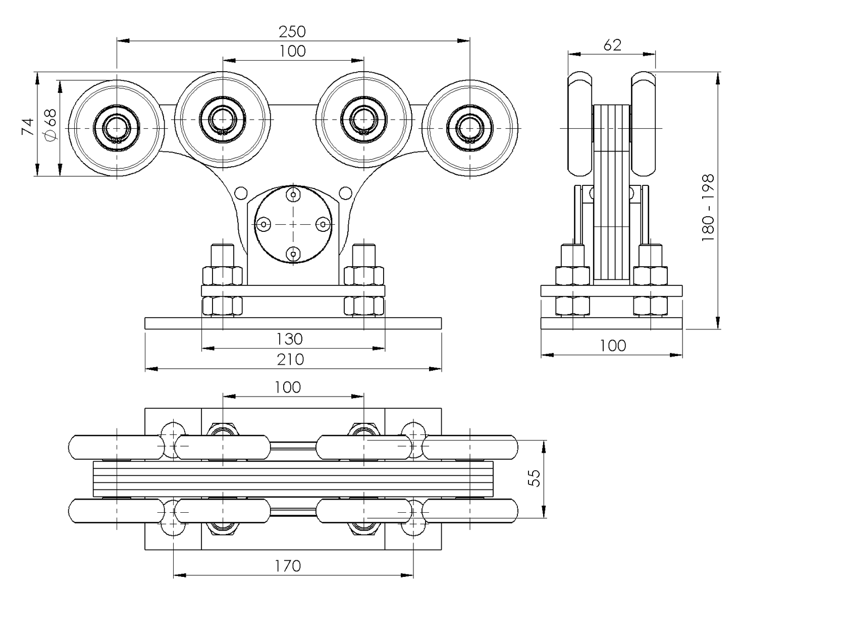 Vozík nosný Zn+NYLON, profile 90x99mm