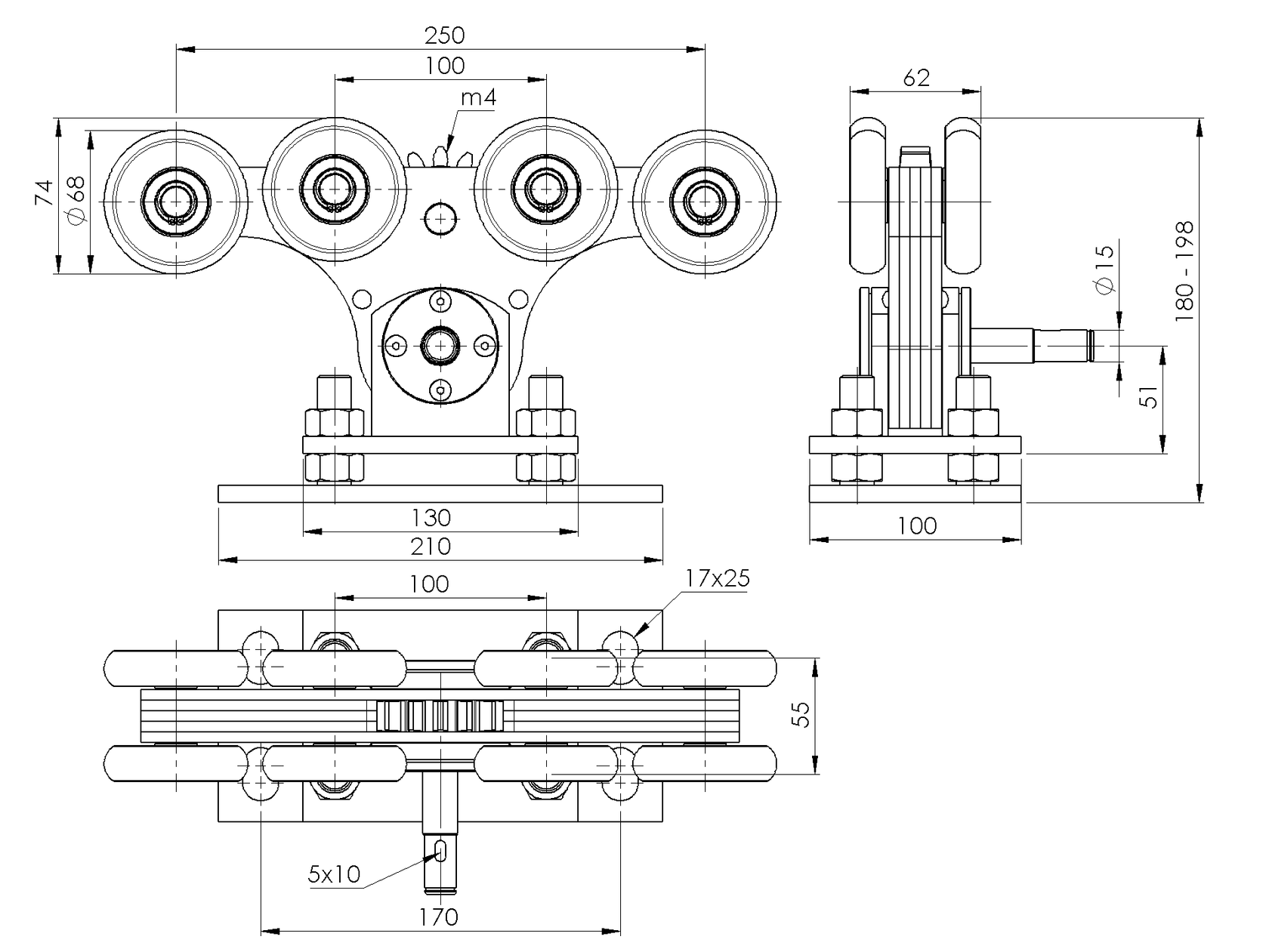 Vozík nosný Zn+NYLON, profile 90x99mm
