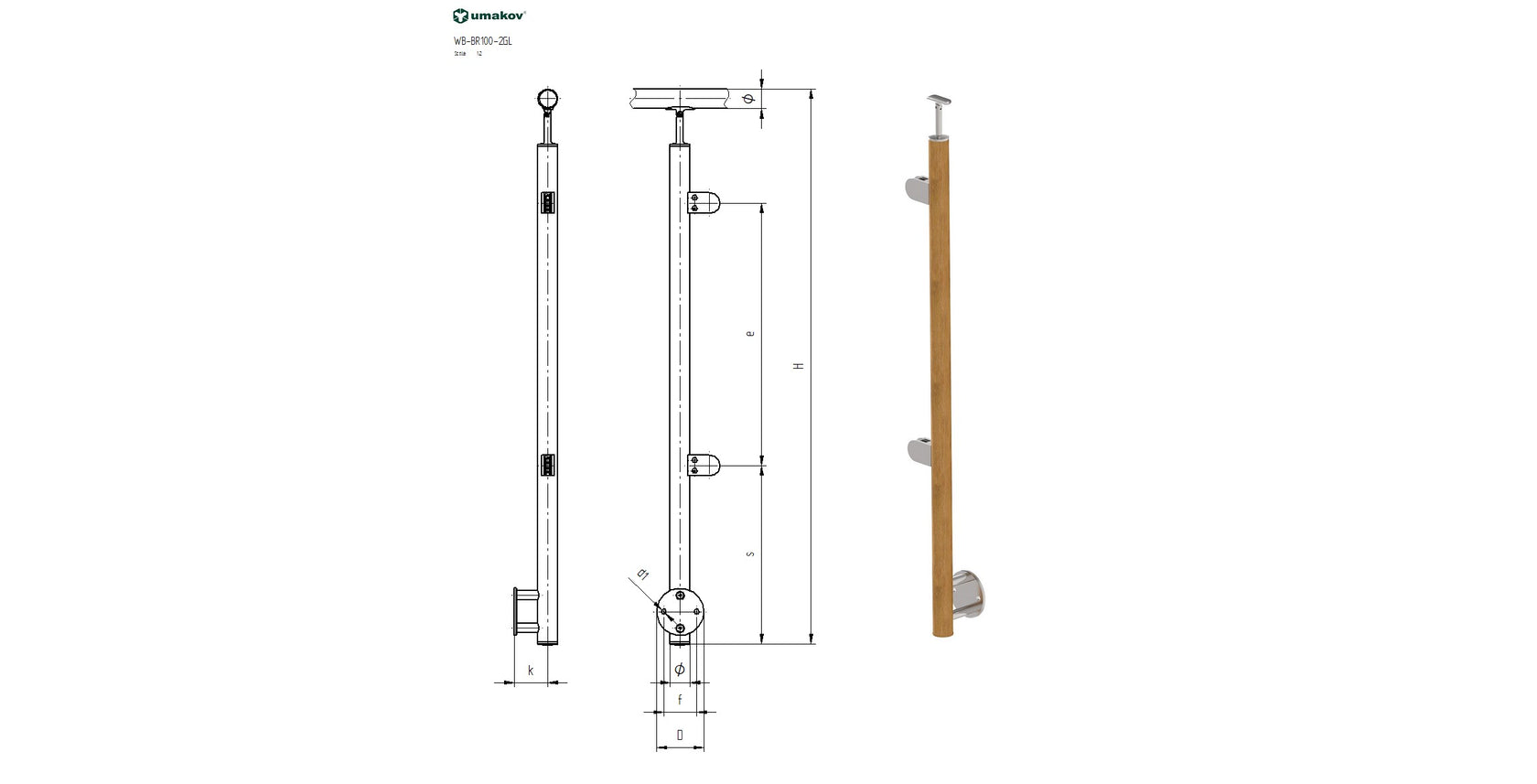 Stĺpik BUK, bočné kotvenie - ľavý AISI304+BEECH