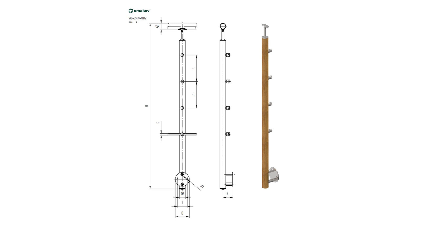 Stĺpik BUK(BEECH) D50mm, 4xd12mm, H900, BK-Schody