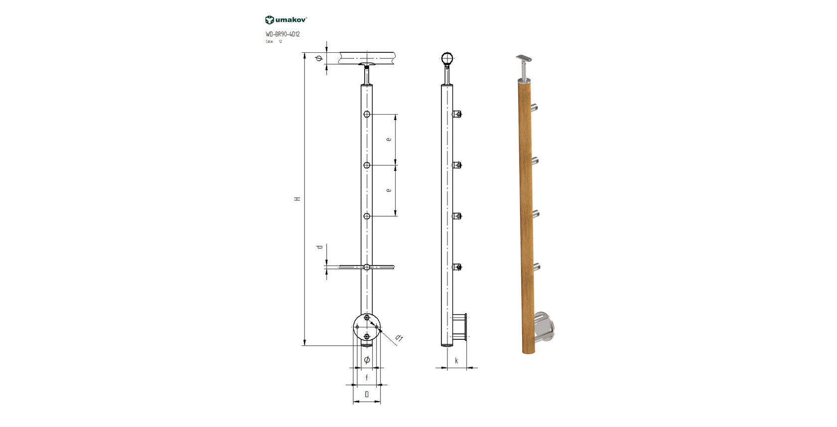 Stĺpik DUB D50/4x12mm, v=90cm, BK-rovné
