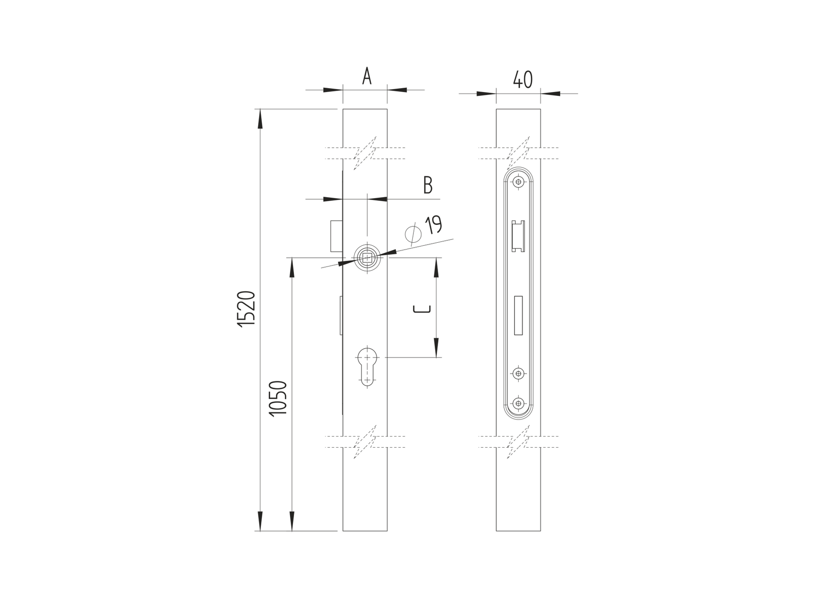 Zámková časť krabica komplet bez kľučky 60x40x1500