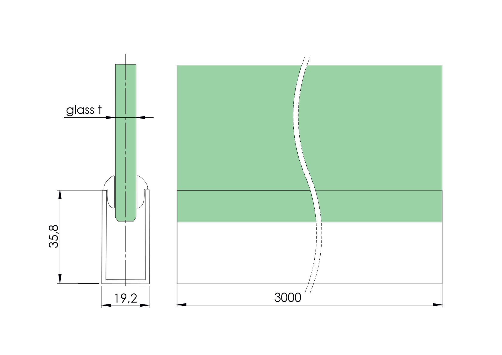 Zasklenie pevné - profil U 36x19x1.5mm BLACK