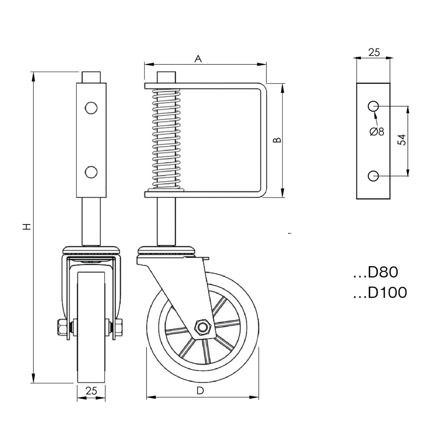 Spodné koliesko pre krídlové brány, s pružinou